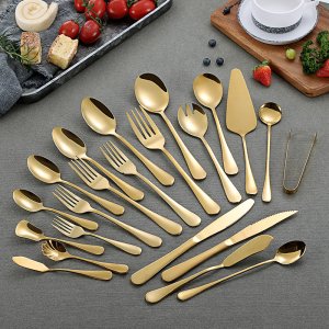 Premium 1010 Series Stainless Steel Tableware Set - Gold Dinner Spoon, Cake Server, Ice Cream Spoon, Steak Knife, Fork, Tea Spoon