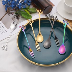 Creative Stainless Steel New Leaf Spoons, Forks, Soup Spoons, Coffee Spoons, Home and Restaurant Dessert Spoons and Forks Wholesale