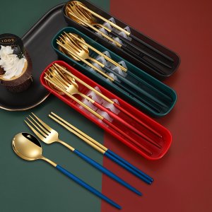 Stainless Steel Portable Cutlery Set - Popular Portuguese Spoon, Fork, and Chopsticks 3-Piece Set, Ideal for Student Gifts and Events