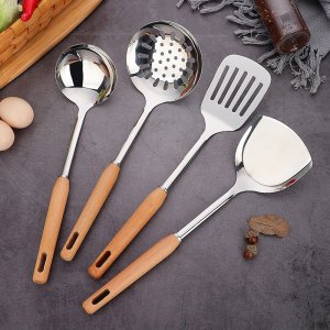 Stainless Steel Wooden Handle Kitchen Utensil Set | Beech Wood Handle Spatula, Soup Ladle, and Slotted Spoon for Home Use