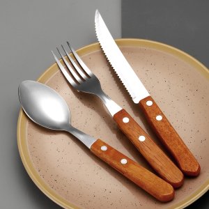 Stainless Steel Clipped Handle Cutlery Set - Knife, Fork, Spoon - Hotel-Grade Steak Knives with Creative Wooden Handles