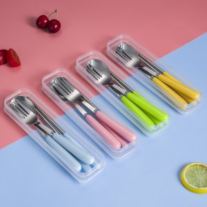 Nordic Macaron Color Stainless Steel 3-Piece Cutlery Set - Portable Spoon, Fork, Chopsticks Set for Students and Outdoor Travel