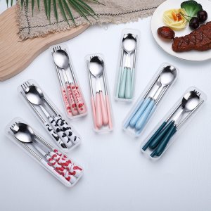 Portable Stainless Steel 3-Piece Cutlery Set - Cartoon Handle Chopsticks, Spoon, Fork for Kids and Travel