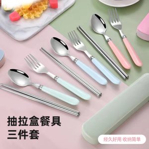 Pull-Out Portable Stainless Steel 3-Piece Cutlery Set - Fork, Chopsticks, Spoon, Ideal for Students and Outdoor Trave