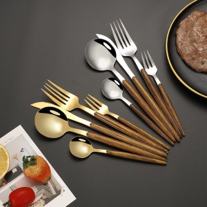 Portuguese Stainless Steel Steak Cutlery Set - Wood Grain Handle Western Fork, Knife, and Spoon