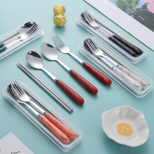 Stainless Steel Cutlery Set with Plastic Handle - Spoon, Chopsticks, Fork (3-Piece Portable Set