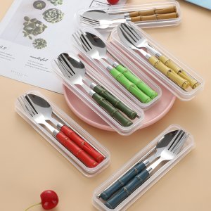 Stainless Steel Bamboo-Inspired Portable Cutlery Set - Spoon, Fork, Chopsticks