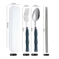 Transparent Box + Large Pointed Spoon, Fork, Chopsticks + Dark Green Bamboo Handle