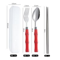 Transparent Box + Large Pointed Spoon, Fork, Chopsticks + Red Bamboo Handle