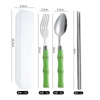 Transparent Box + Large Pointed Spoon, Fork, Chopsticks + Light Green Bamboo Handle