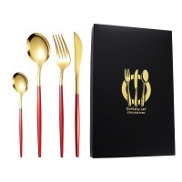 Red and Gold Knife, Fork, Spoon, and Small Spoon 4-Piece Set