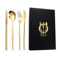 Gold Knife, Fork, Spoon, and Chopsticks 4-Piece Set