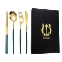 Green and Gold Knife, Fork, Spoon, and Chopsticks 4-Piece Set