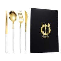 White and Gold Knife, Fork, Spoon, and Chopsticks 4-Piece Set