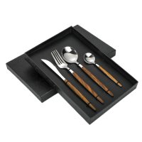 Round Handle Wood Grain 4-Piece Set (Silver)