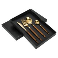 Round Handle Wood Grain 4-Piece Set (Gold)