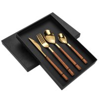 Square Handle Wood Grain 4-Piece Set (Gold)