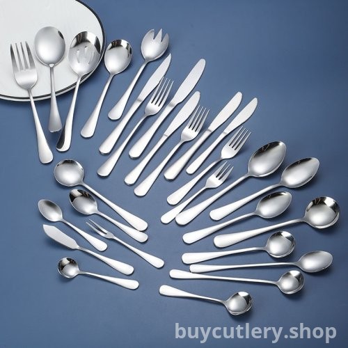 1010 Stainless Steel Cutlery Set - Hotel-Grade Long Ice Spoon, Fork, Spoon, Steak Knife, and Table Knife