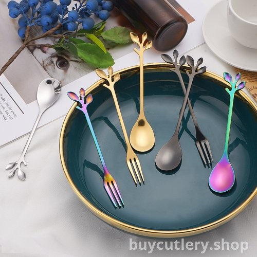 Creative Stainless Steel New Leaf Spoons, Forks, Soup Spoons, Coffee Spoons, Home and Restaurant Dessert Spoons and Forks Wholesale