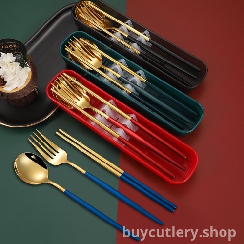 Stainless Steel Portable Cutlery Set - Popular Portuguese Spoon, Fork, and Chopsticks 3-Piece Set, Ideal for Student Gifts and Events