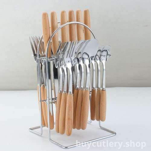 Stainless Steel Wooden Handle Cutlery Gift Set - 24-Piece Japanese Style Steak Knife, Fork, and Soup Spoon for Weddings