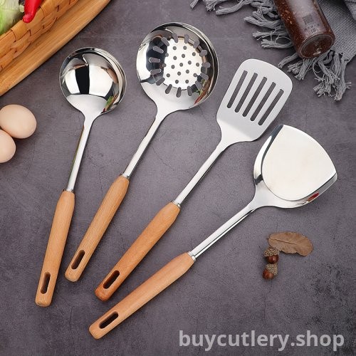 Stainless Steel Wooden Handle Kitchen Utensil Set | Beech Wood Handle Spatula, Soup Ladle, and Slotted Spoon for Home Use