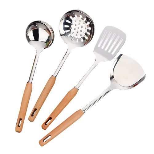 Stainless Steel Wooden Handle Kitchen Utensil Set | Beech Wood Handle Spatula, Soup Ladle, and Slotted Spoon for Home Use