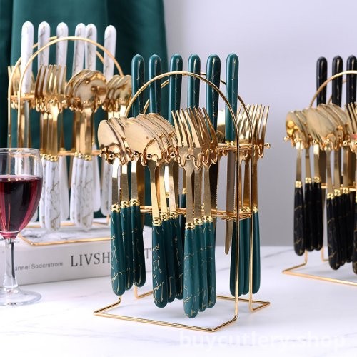 Luxury European 24-Piece Cutlery Set with Marble Pattern Handles