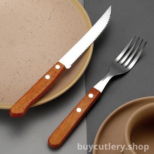 Stainless Steel Clipped Handle Cutlery Set - Knife, Fork, Spoon - Hotel-Grade Steak Knives with Creative Wooden Handles