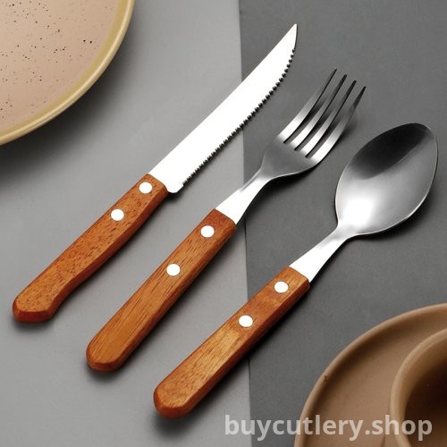 Stainless Steel Clipped Handle Cutlery Set - Knife, Fork, Spoon - Hotel-Grade Steak Knives with Creative Wooden Handles