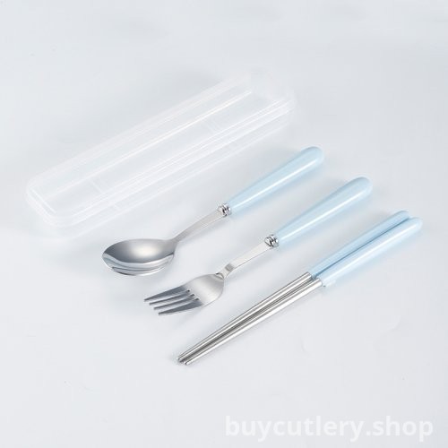 Nordic Macaron Color Stainless Steel 3-Piece Cutlery Set - Portable Spoon, Fork, Chopsticks Set for Students and Outdoor Travel