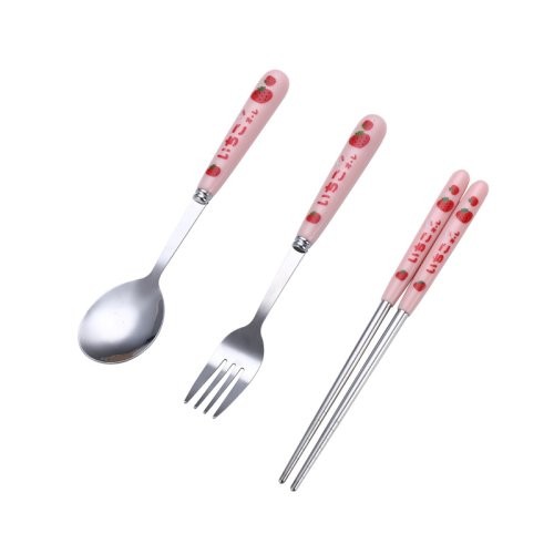 Portable Stainless Steel 3-Piece Cutlery Set - Cartoon Handle Chopsticks, Spoon, Fork for Kids and Travel