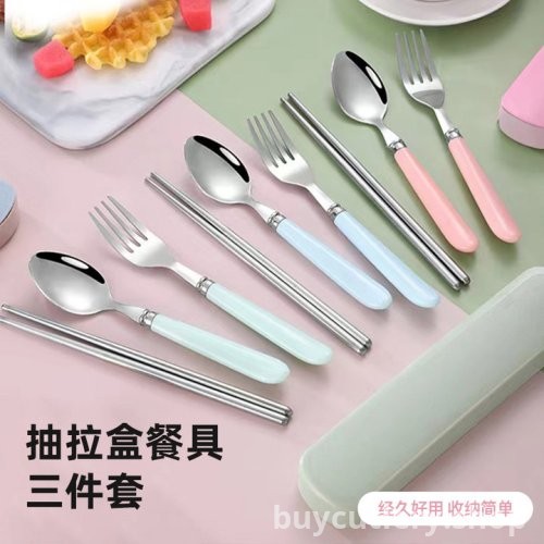 Pull-Out Portable Stainless Steel 3-Piece Cutlery Set - Fork, Chopsticks, Spoon, Ideal for Students and Outdoor Trave