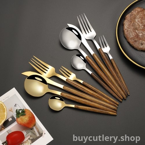 Portuguese Stainless Steel Steak Cutlery Set - Wood Grain Handle Western Fork, Knife, and Spoon