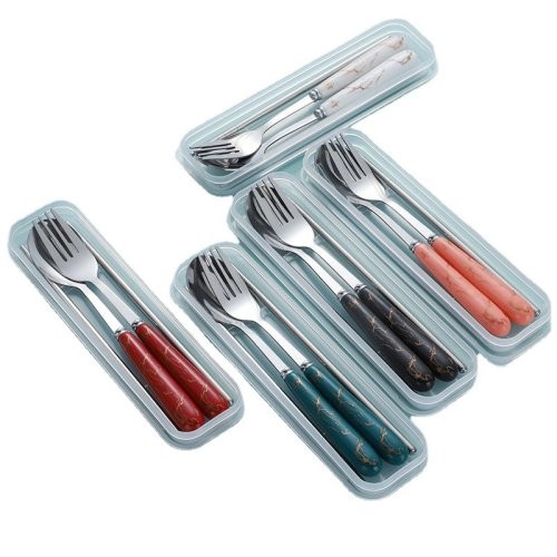 Stainless Steel Cutlery Set with Plastic Handle - Spoon, Chopsticks, Fork (3-Piece Portable Set