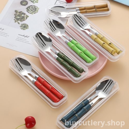 Stainless Steel Bamboo-Inspired Portable Cutlery Set - Spoon, Fork, Chopsticks