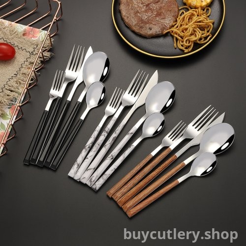Wood Grain Pattern Stainless Steel Cutlery Set - Long Handle Korean Style Steak Knife, Fork, and Spoon
