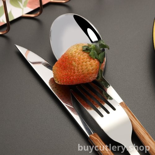 Wood Grain Pattern Stainless Steel Cutlery Set - Long Handle Korean Style Steak Knife, Fork, and Spoon
