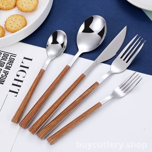 Faux Wood Handle Stainless Steel Cutlery Set
