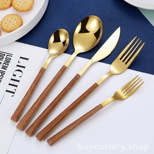 Faux Wood Handle Stainless Steel Cutlery Set