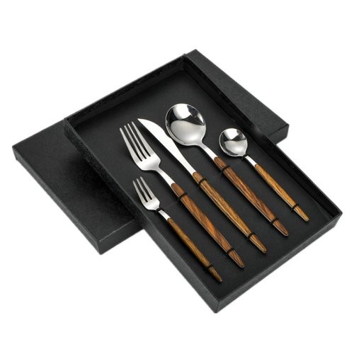 Faux Wood Handle Stainless Steel Cutlery 5-Piece Set - Portuguese Knife and Fork Gift Box | Custom Promotional Gift