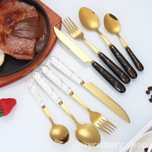 Nordic Style Ceramic Handle Stainless Steel Cutlery Set - Gold Steak Knife, Fork, and Coffee Spoon
