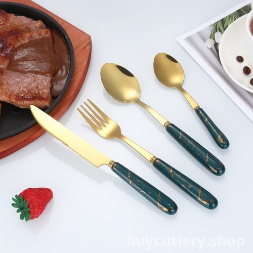 Nordic Style Ceramic Handle Stainless Steel Cutlery Set - Gold Steak Knife, Fork, and Coffee Spoon