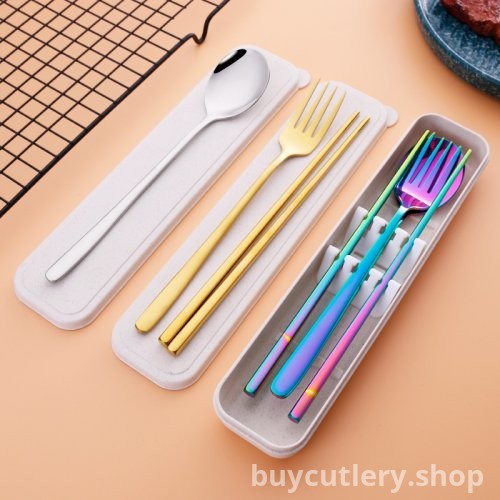 304 Stainless Steel Portable Cutlery Set - Korean Style Creative Colorful Spoon, Fork, and Chopsticks