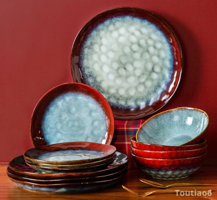 VANCASSO Starry Dinner Set Vintage Look Ceramic Red 12/24/36-Piece Stoneware Tableware Set with Dinner Plate,Dessert Plate,Bowl