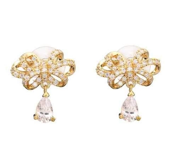 Sweet Bowknot Water Drop Zircon Ear Stud Earrings For Women