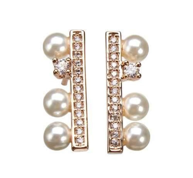 Simple Rhinestone Crystal Pearl Ear Stud Earrings Gold Silver Plated