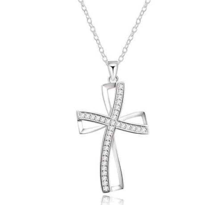 925 Sterling Silver Plated Women Cross Necklace Crystal Chain Jewelry