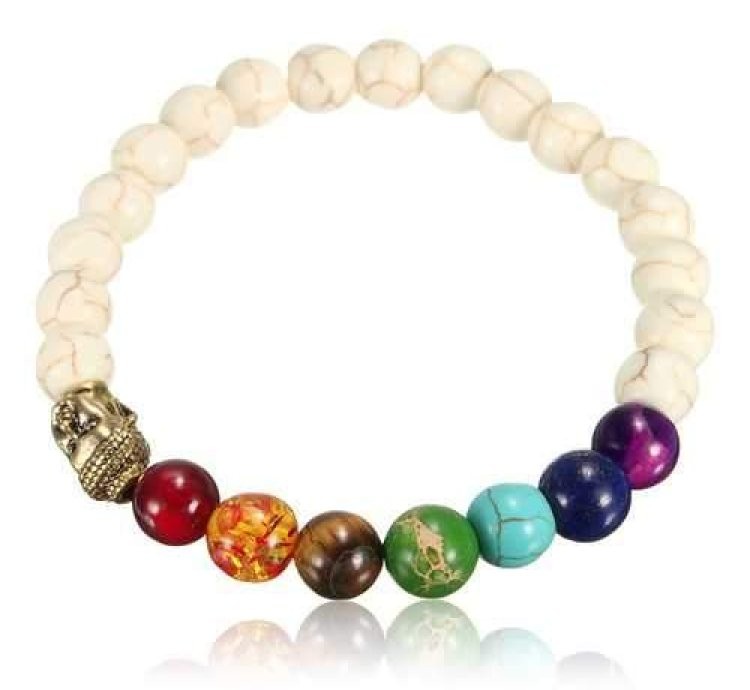 Unisex White Stone Agate Colorful Beads Prayer Elastic Bracelet