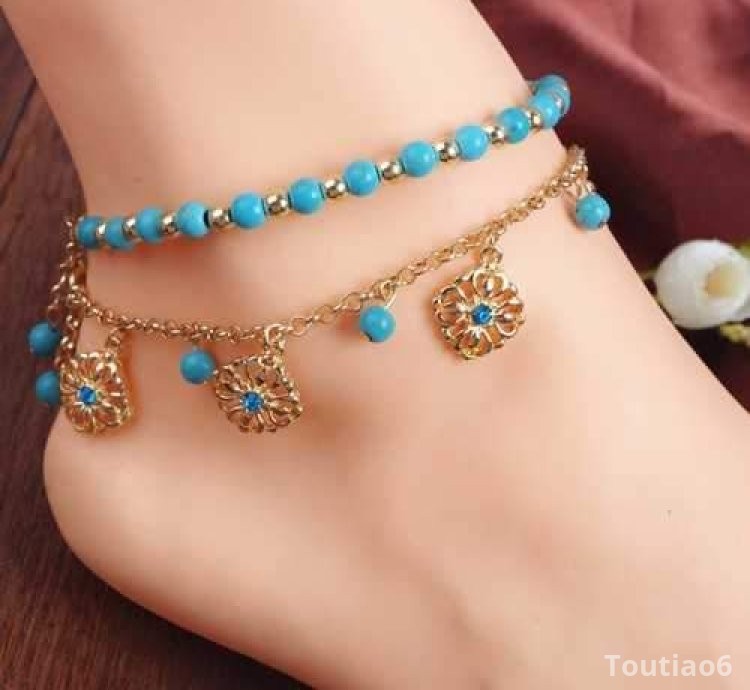 Turquoise Beads Alloy Chain Tassel Crystal Anklets Jewelry